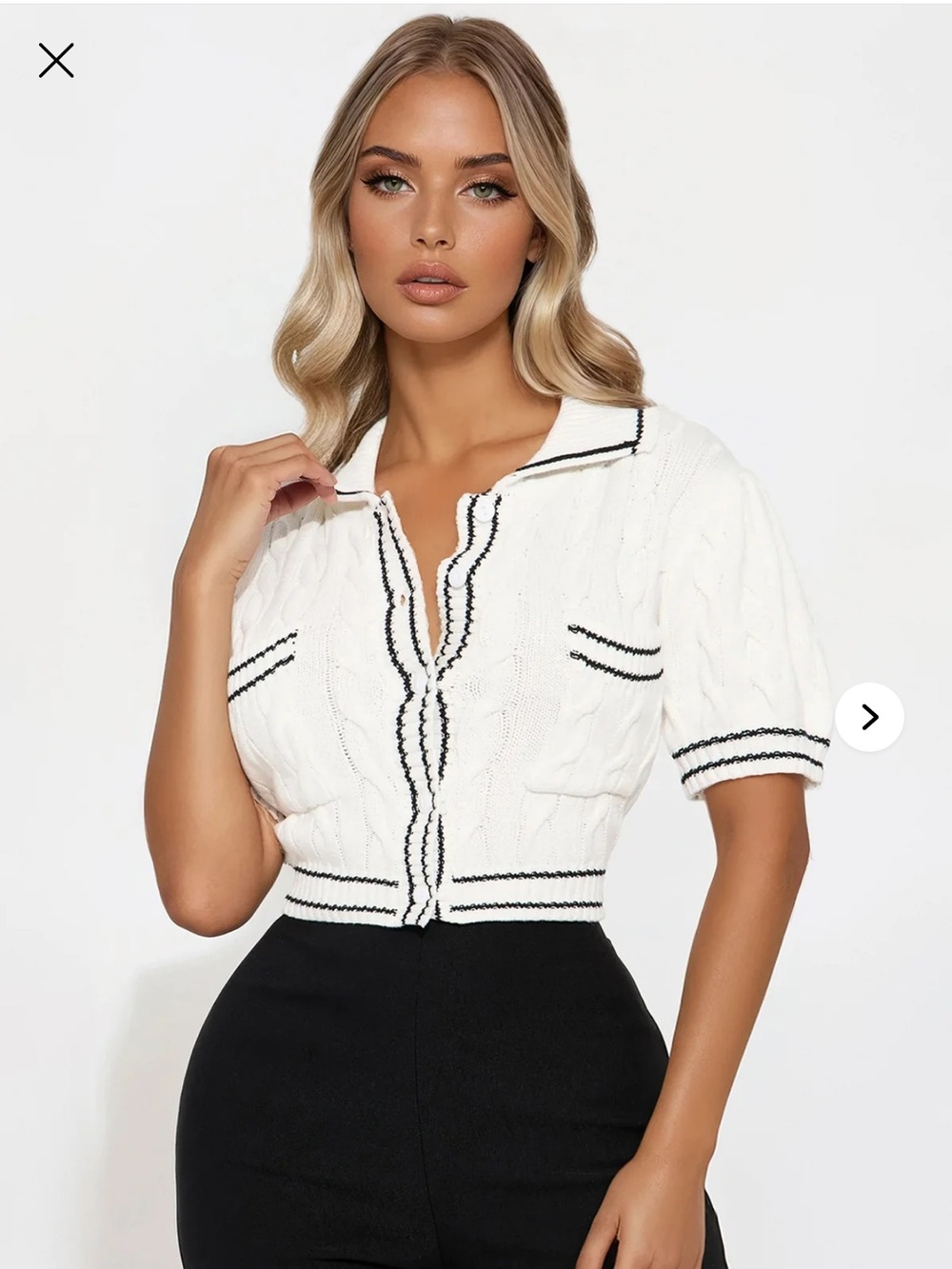 Fashion Nova Cable Knit Cropped Polo Cardigan Sweater Ivory Black Trim NWOT S